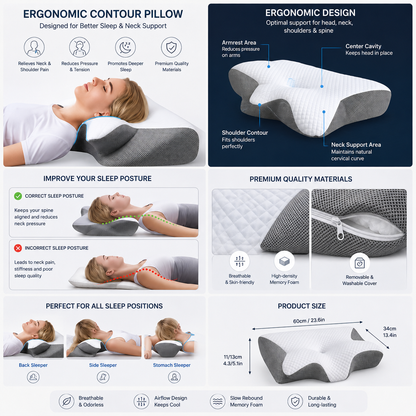 Upgraded Memory Foam Sleep Apnea Cervical Pillow for Side, Back & Stomach Sleepers